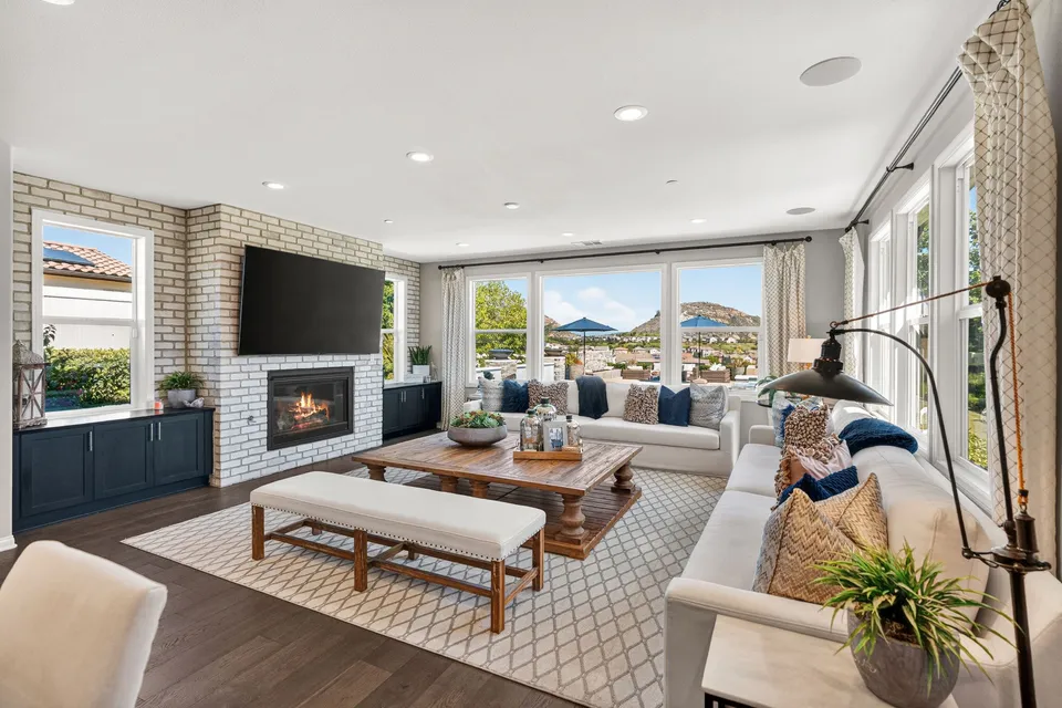 Family room with a brick fireplace